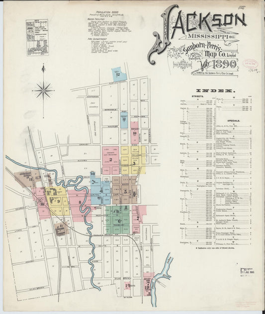 Sanborn Fire Insurance Map from Jackson, Hinds County, Mississippi (1890), Sheet #0001 - Historic Sanborn Fire Insurance Map Print, vintage old map wall art, antique decor, genealogy gift, Mississippi Mississippi map