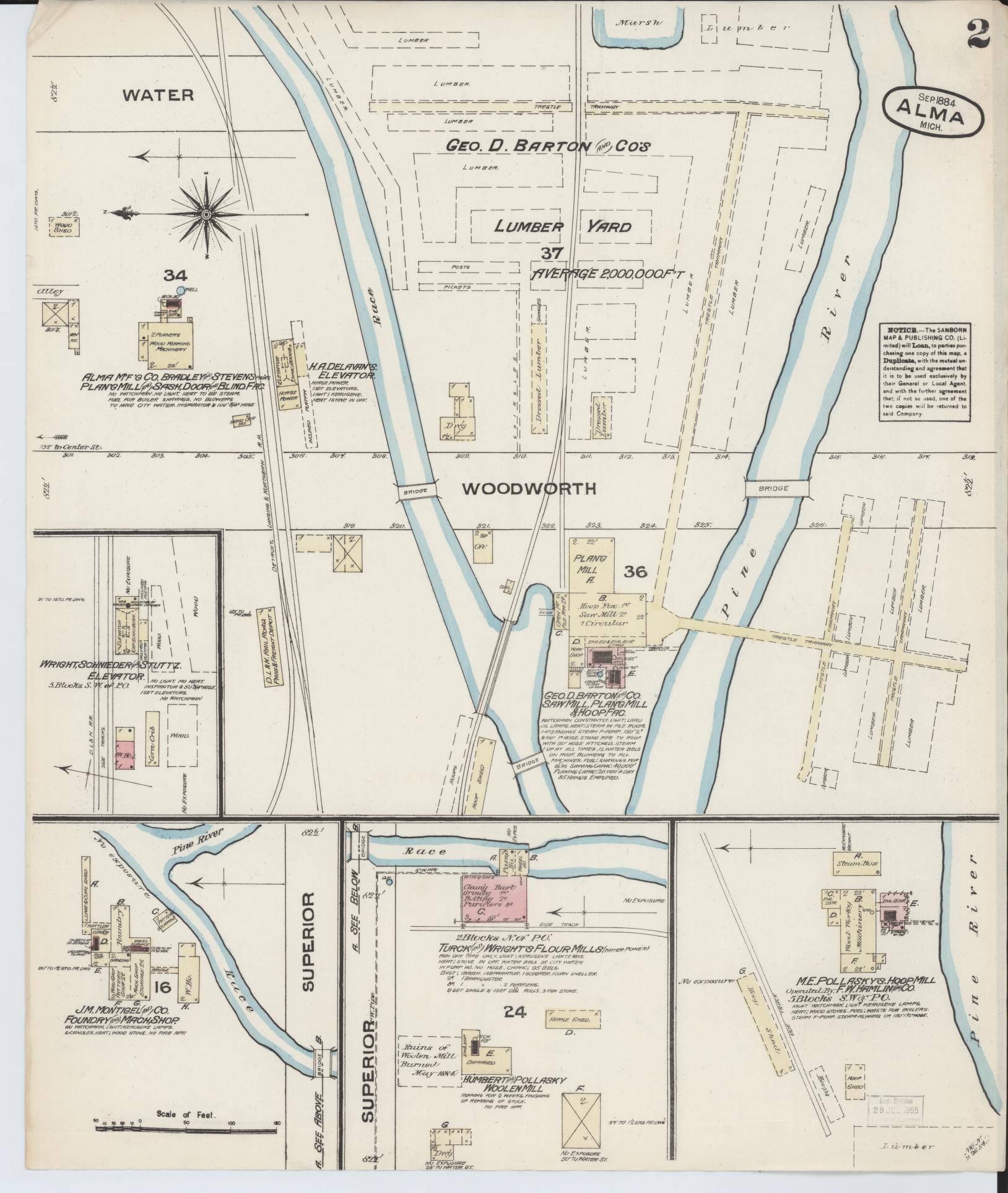 Sanborn Fire Insurance Map from Alma, Gratiot County, Michigan (1884), Sheet #0002 - Complete Map Set gallery image, historic Sanborn map, vintage wall art, Michigan Michigan