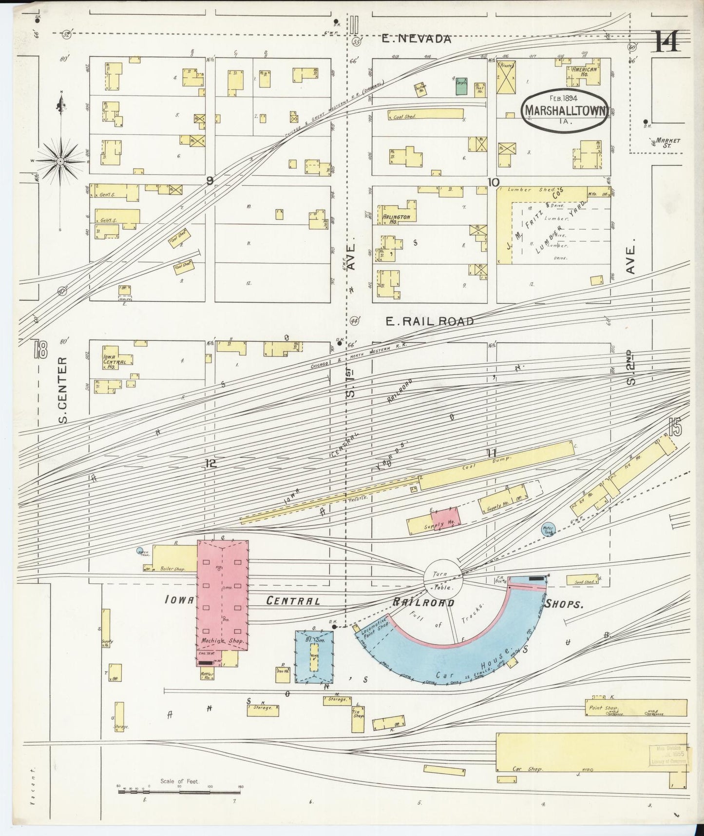 Sanborn Fire Insurance Map from Marshalltown, Marshall County, Iowa (1894), Sheet #0014 - Historic Sanborn Fire Insurance Map Print, vintage old map wall art