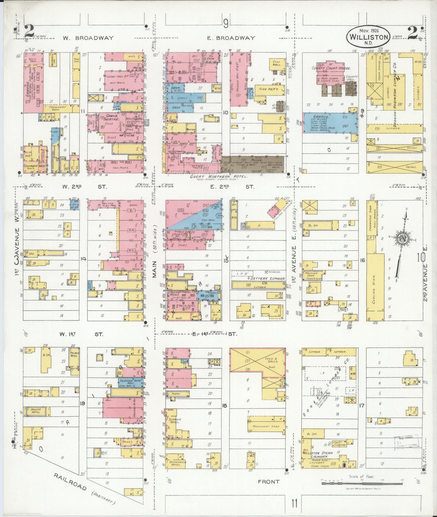 Sanborn Fire Insurance Map from Williston, Williams County, North Dakota (1926), Sheet #0002 - Historic Sanborn Fire Insurance Map Print, vintage old map wall art, antique decor, genealogy gift, North Dakota North Dakota map