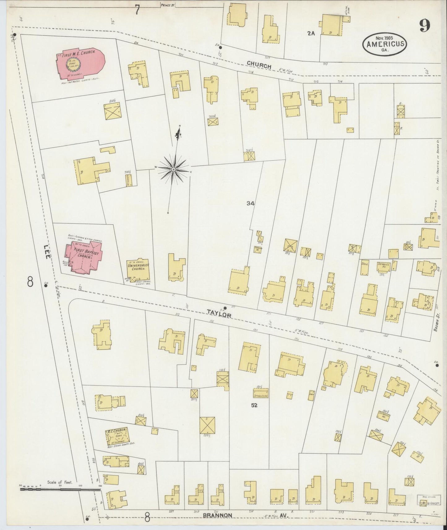 Sanborn Fire Insurance Map from Americus, Sumter County, Georgia (1905), Sheet #0009 - Historic Sanborn Fire Insurance Map Print, vintage old map wall art, antique decor, genealogy gift, Georgia Georgia map