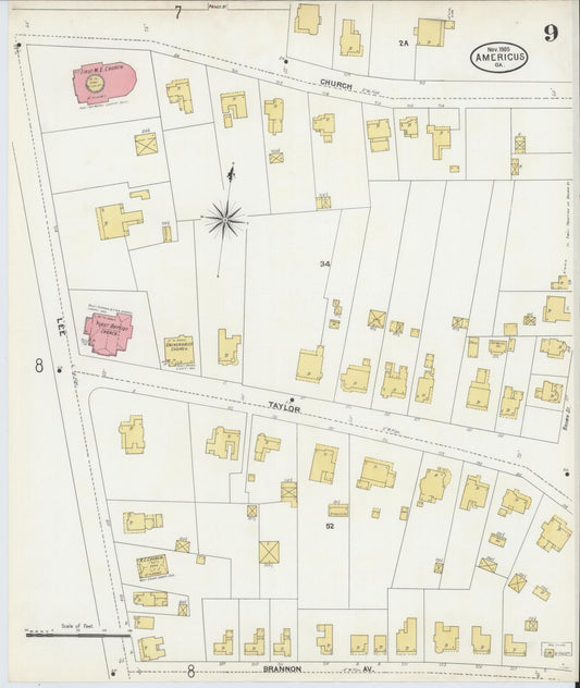 Sanborn Fire Insurance Map from Americus, Sumter County, Georgia (1905), Sheet #0009 - Historic Sanborn Fire Insurance Map Print, vintage old map wall art, antique decor, genealogy gift, Georgia Georgia map