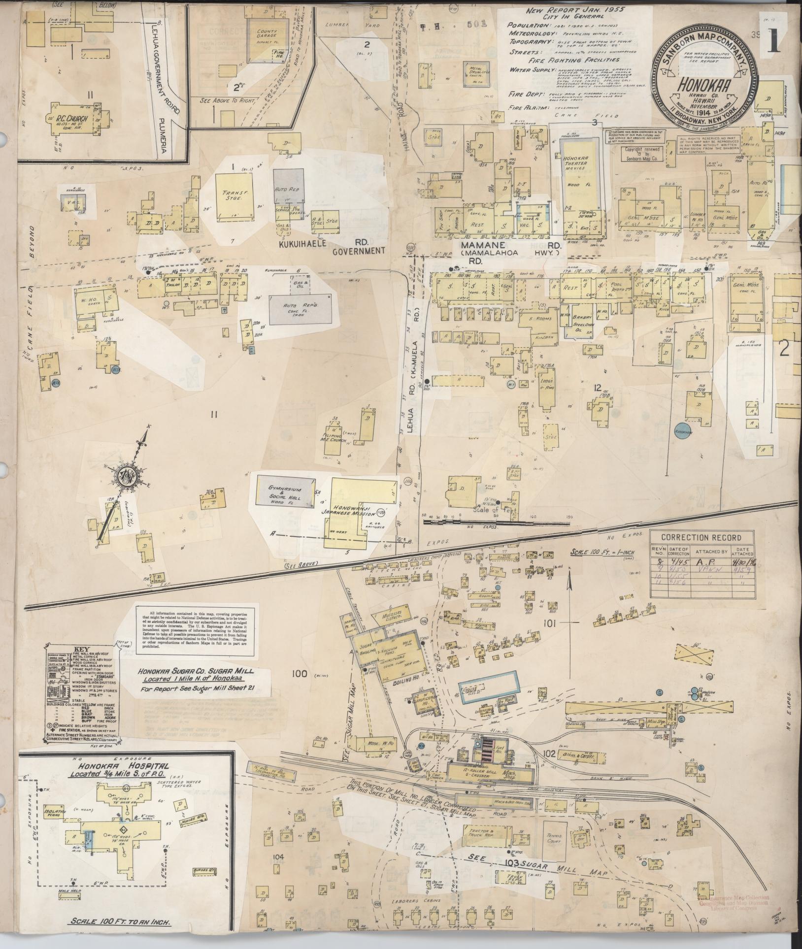 Sanborn Fire Insurance Map from Honokaa, Hawaii County, Hawaii (1956), Sheet #0001 - Historic Sanborn Fire Insurance Map Print