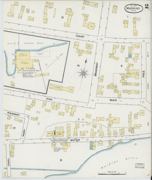 Sanborn Fire Insurance Map from Machias, Washington County, Maine (1889), Sheet #0002 - Historic Sanborn Fire Insurance Map Print, vintage old map wall art, antique decor, genealogy gift, Maine Maine map