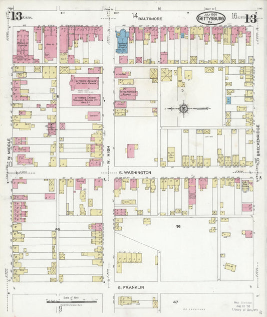 Sanborn Fire Insurance Map from Gettysburg, Adams County, Pennsylvania (1924), Sheet #0013 - Historic Sanborn Fire Insurance Map Print, vintage old map wall art, antique decor, genealogy gift, Pennsylvania Pennsylvania map