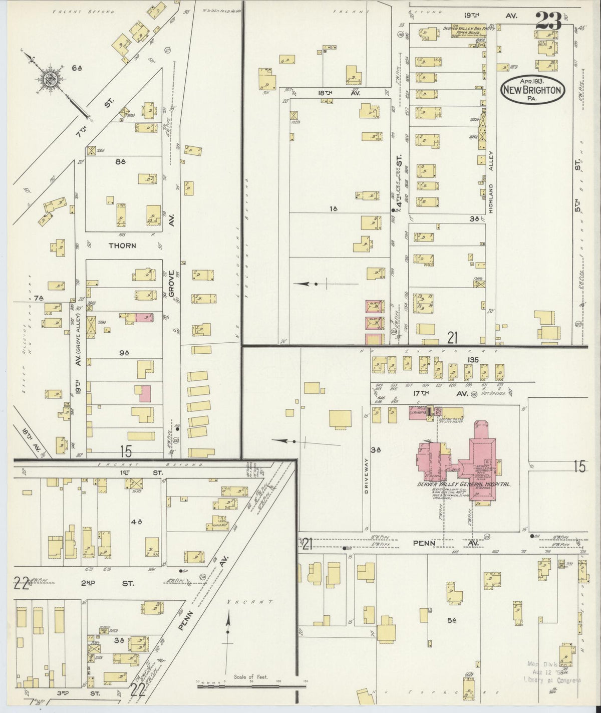 Sanborn Fire Insurance Map from New Brighton, Beaver County, Pennsylvania (1913), Sheet #0023 - Historic Sanborn Fire Insurance Map Print, vintage old map wall art, antique decor, genealogy gift, Pennsylvania Pennsylvania map