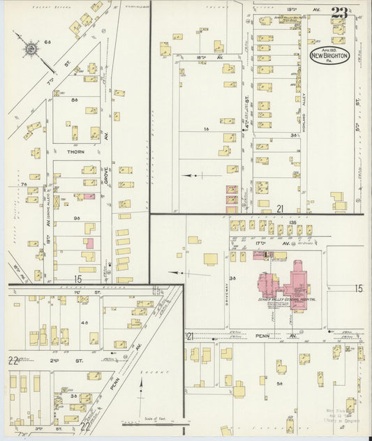 Sanborn Fire Insurance Map from New Brighton, Beaver County, Pennsylvania (1913), Sheet #0023 - Historic Sanborn Fire Insurance Map Print, vintage old map wall art, antique decor, genealogy gift, Pennsylvania Pennsylvania map