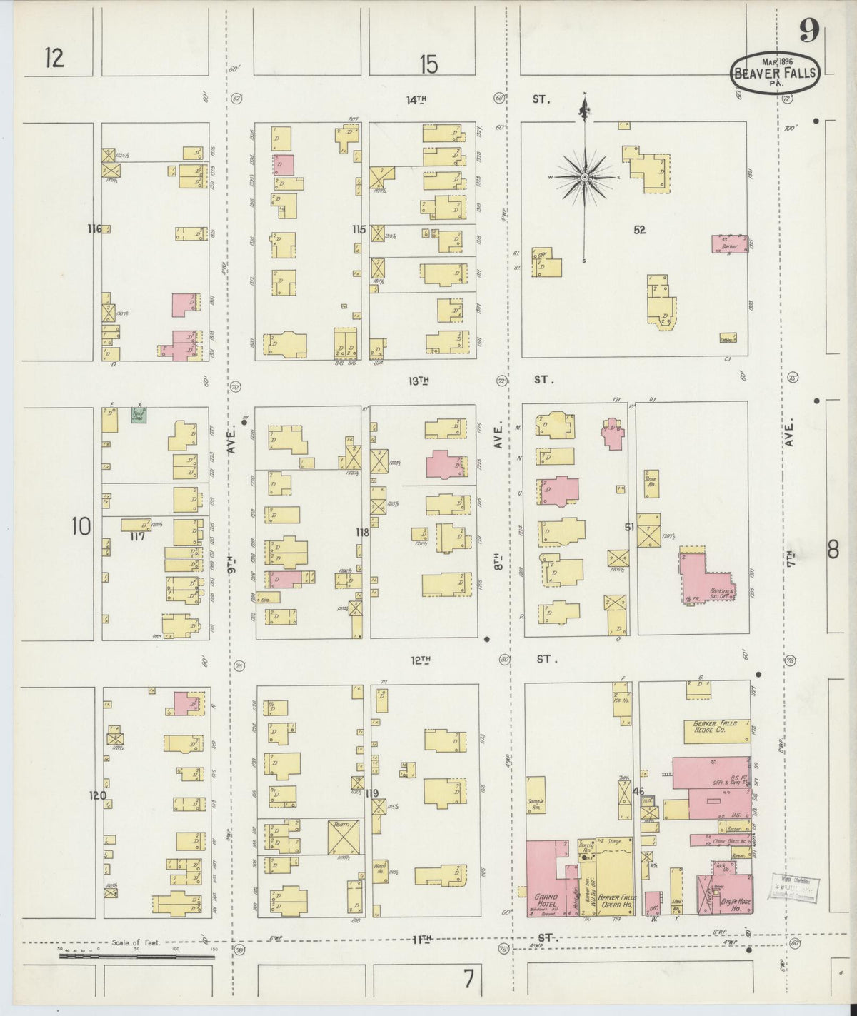 Sanborn Fire Insurance Map from Beaver Falls, Beaver County, Pennsylvania (1896), Sheet #0009 - Complete Map Set gallery image, historic Sanborn map, vintage wall art, Pennsylvania Pennsylvania
