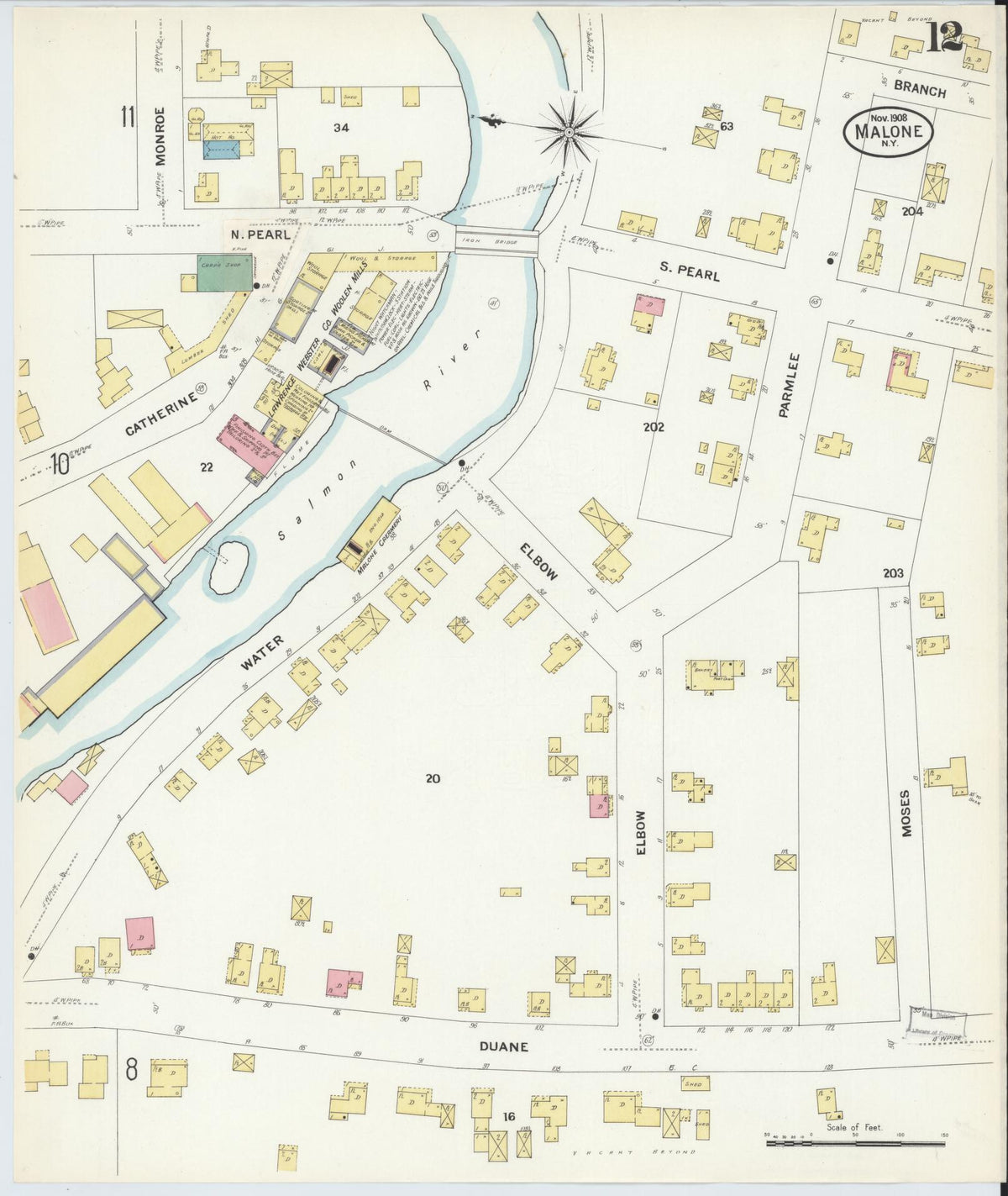Sanborn Fire Insurance Map from Malone, Franklin County, New York (1908), Sheet #0012 - Complete Map Set gallery image, historic Sanborn map, vintage wall art, New York New York