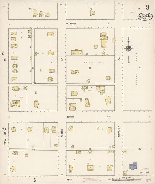Sanborn Fire Insurance Map from Glendora, Los Angeles County, California (1910), Sheet #0003 - Historic Sanborn Fire Insurance Map Print, vintage old map wall art, antique decor, genealogy gift, California California map