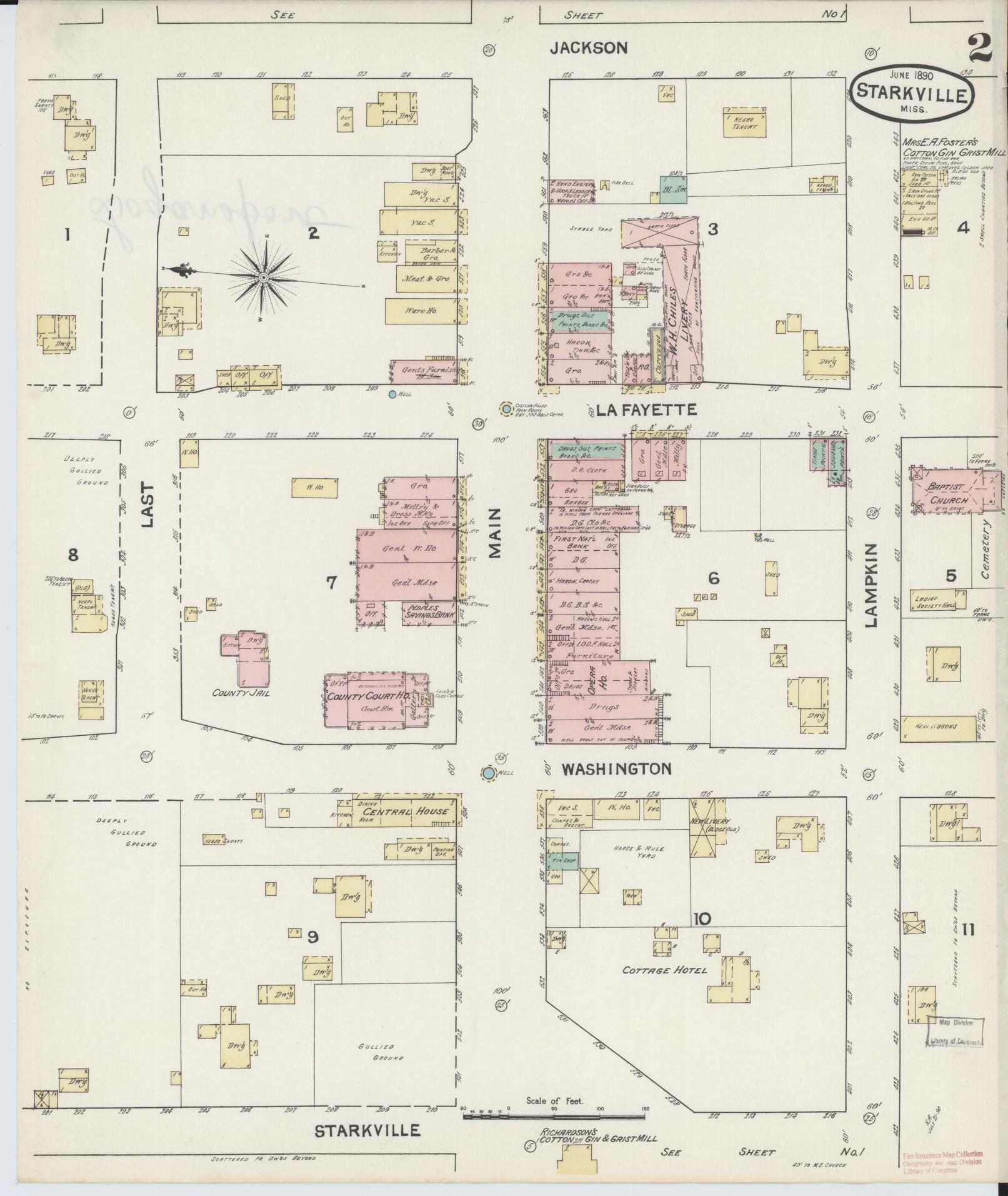 Sanborn Fire Insurance Map from Starkville, Oktibbeha County, Mississippi (1890), Sheet #0002 - Historic Sanborn Fire Insurance Map Print, vintage old map wall art, antique decor, genealogy gift, Mississippi Mississippi map