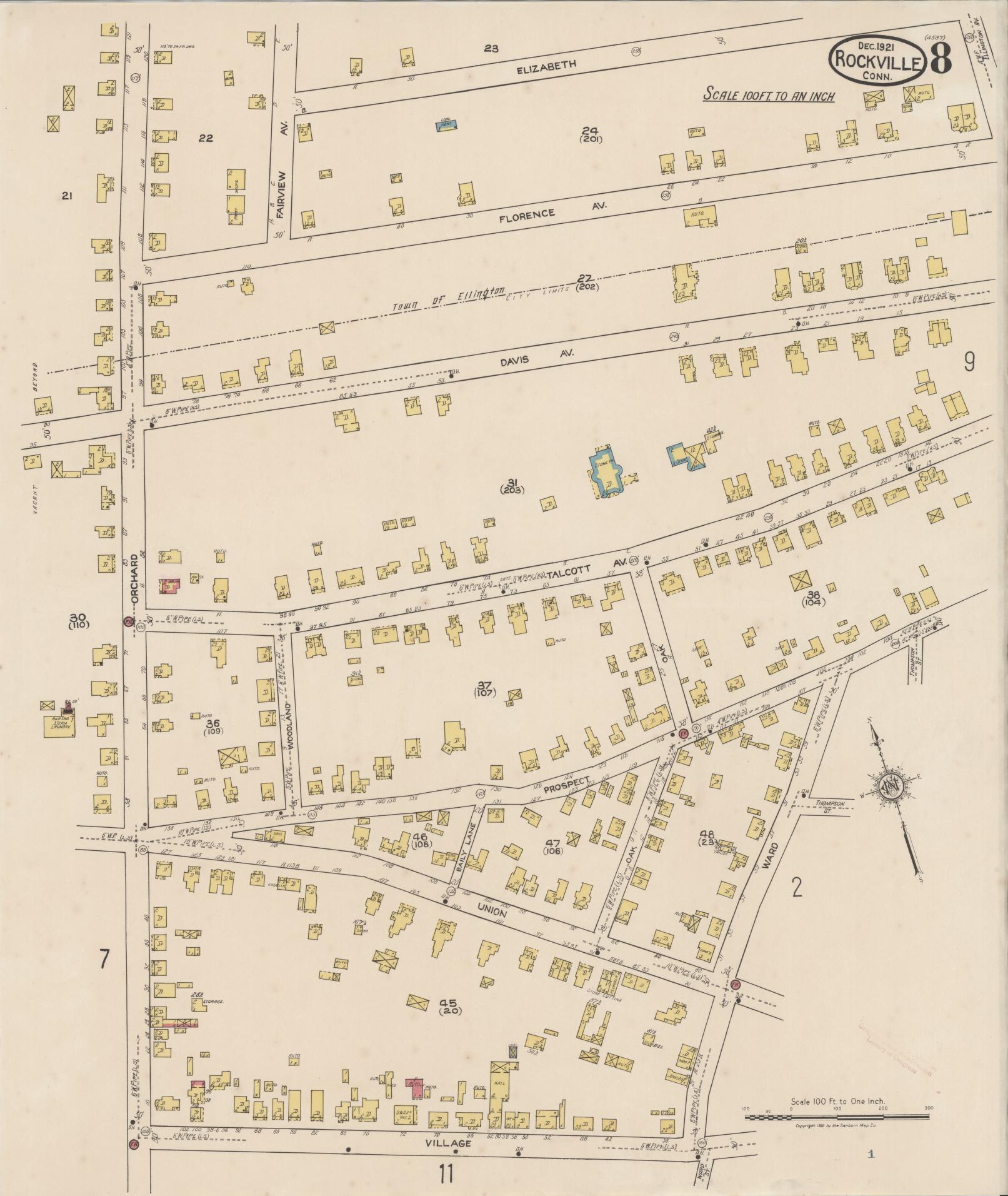 Sanborn Fire Insurance Map from Rockville, Tolland County, Connecticut (1921), Sheet #0008 - Complete Map Set gallery image, historic Sanborn map, vintage wall art, Connecticut Connecticut