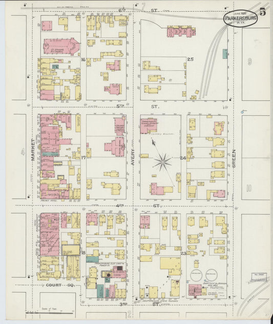 Sanborn Fire Insurance Map from Parkersburg, Wood County, West Virginia (1893), Sheet #0005 - Historic Sanborn Fire Insurance Map Print, vintage old map wall art, antique decor, genealogy gift, West Virginia West Virginia map
