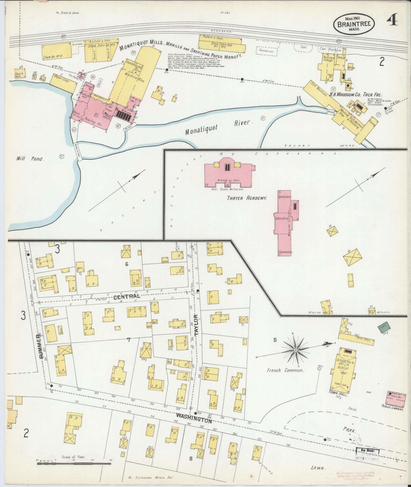 Sanborn Fire Insurance Map from Braintree, Norfolk County, Massachusetts (1901), Sheet #0004 - Historic Sanborn Fire Insurance Map Print, vintage old map wall art, antique decor, genealogy gift, Massachusetts Massachusetts map