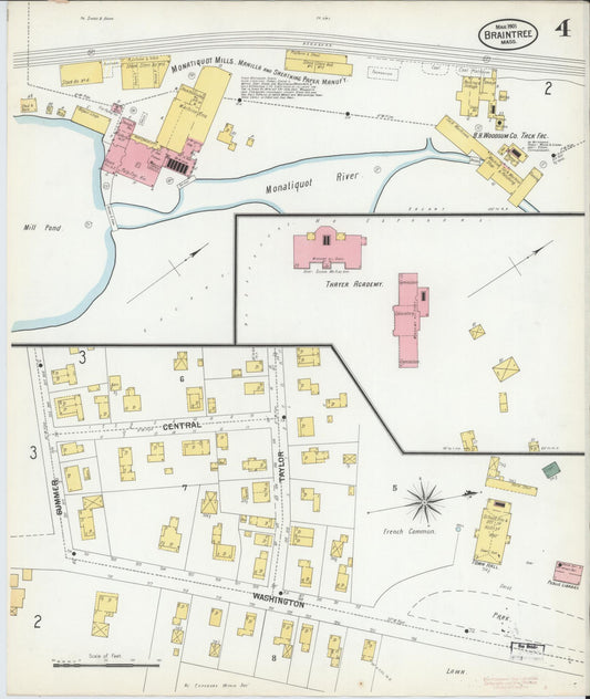 Sanborn Fire Insurance Map from Braintree, Norfolk County, Massachusetts (1901), Sheet #0004 - Historic Sanborn Fire Insurance Map Print, vintage old map wall art, antique decor, genealogy gift, Massachusetts Massachusetts map