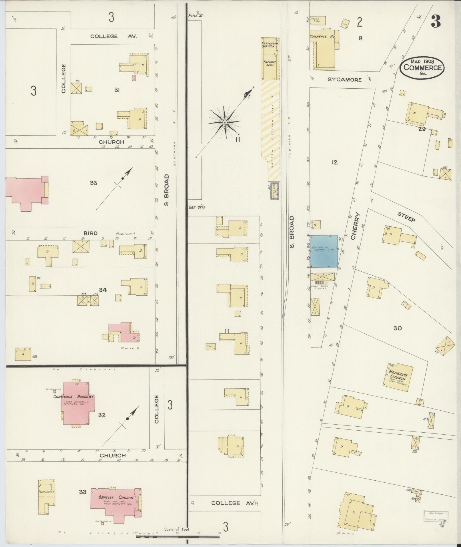 Sanborn Fire Insurance Map from Commerce, Jackson County, Georgia (1908), Sheet #0003 - Complete Map Set gallery image, historic Sanborn map, vintage wall art, Georgia Georgia