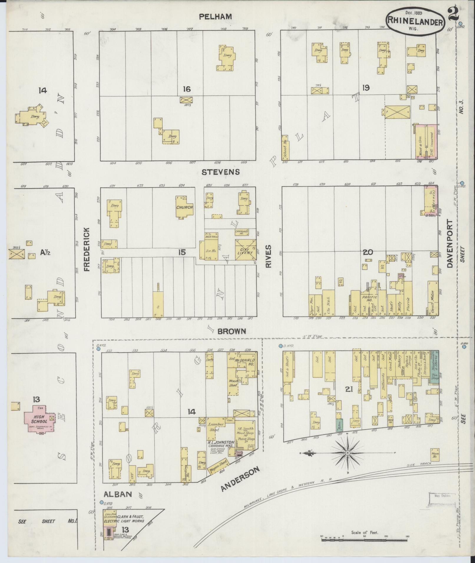 Sanborn Fire Insurance Map from Rhinelander, Oneida County, Wisconsin (1889), Sheet #0002 - Historic Sanborn Fire Insurance Map Print, vintage old map wall art, antique decor, genealogy gift, Wisconsin Wisconsin map