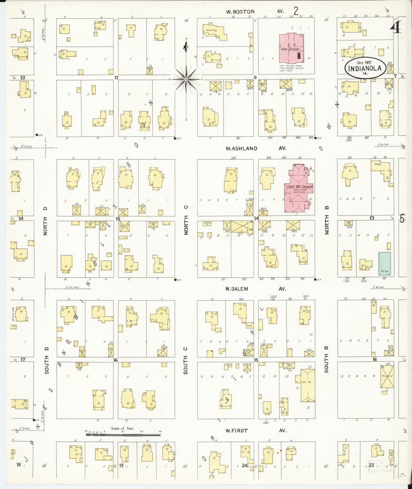 Sanborn Fire Insurance Map from Indianola, Warren County, Iowa (1907), Sheet #0004 - Historic Sanborn Fire Insurance Map Print, vintage old map wall art