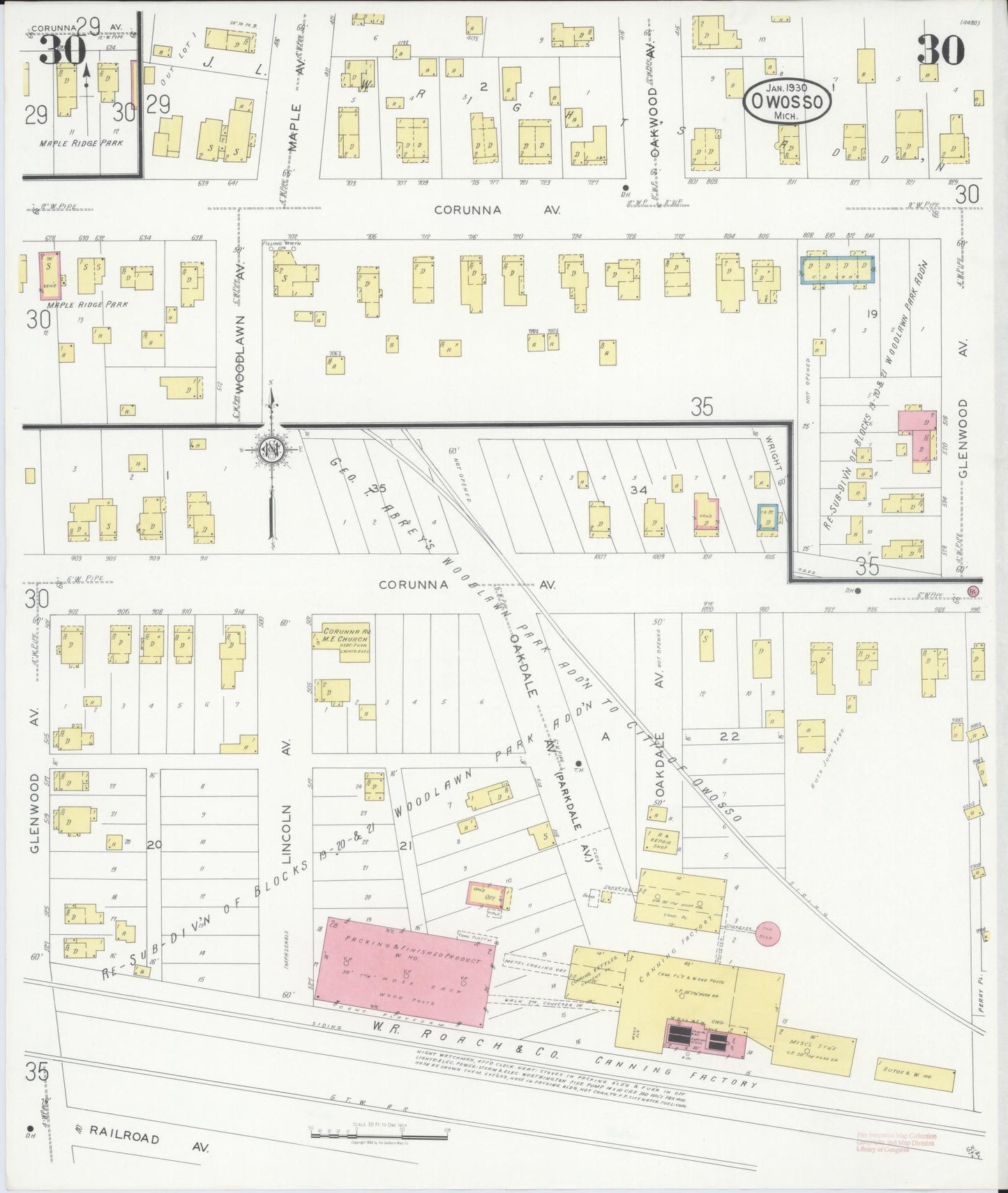 Sanborn Fire Insurance Map from Owosso, Shiawassee County, Michigan (1930), Sheet #0030 - Complete Map Set gallery image, historic Sanborn map, vintage wall art, Michigan Michigan