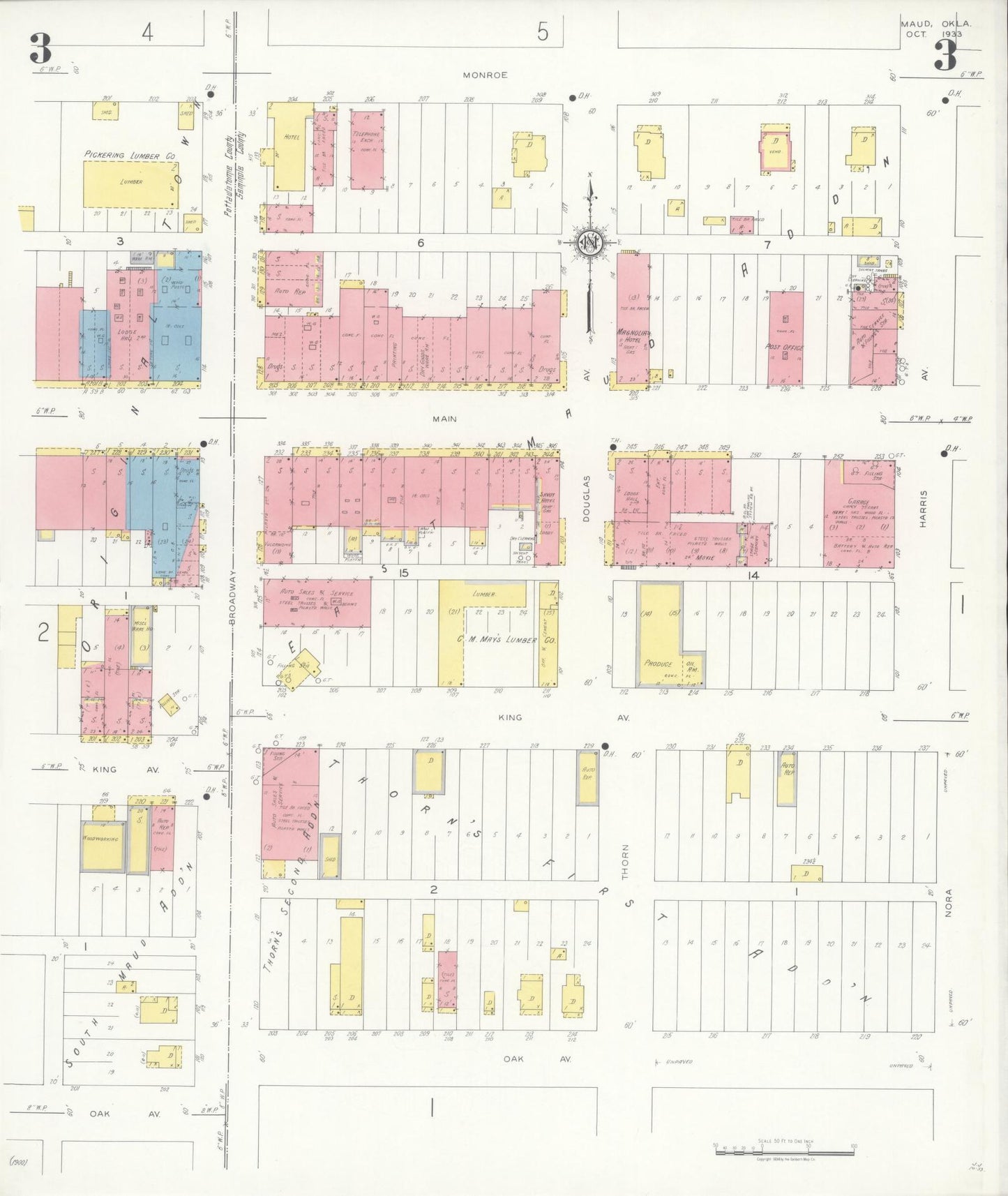 Sanborn Fire Insurance Map from Maud, Pottawatomie County, Oklahoma (1933), Sheet #0003 - Complete Map Set gallery image, historic Sanborn map, vintage wall art, Oklahoma Oklahoma
