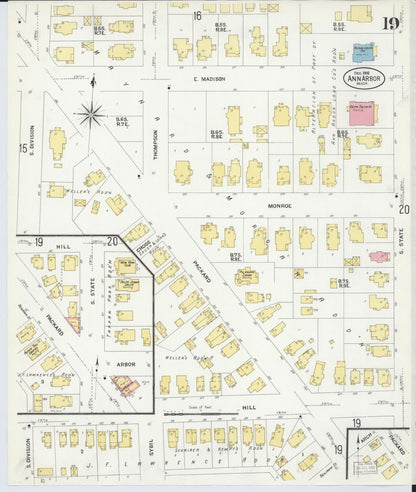 Sanborn Fire Insurance Map from Ann Arbor, Washtenaw County, Michigan (1908), Sheet #0019 - Complete Map Set gallery image, historic Sanborn map, vintage wall art, Michigan Michigan
