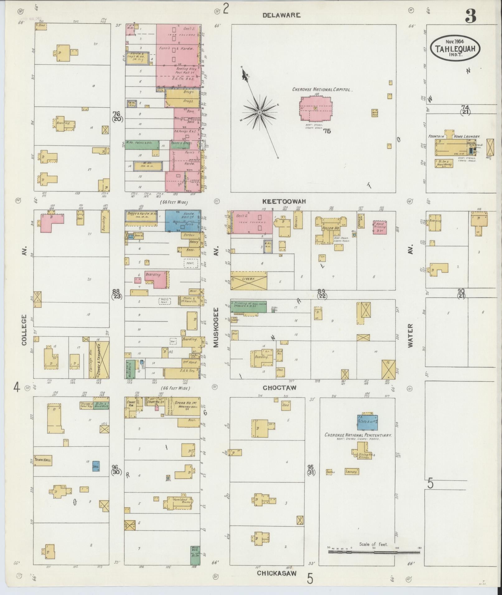 Sanborn Fire Insurance Map from Tahlequah, Cherokee County, Oklahoma (1904), Sheet #0003 - Complete Map Set gallery image, historic Sanborn map, vintage wall art, Oklahoma Oklahoma
