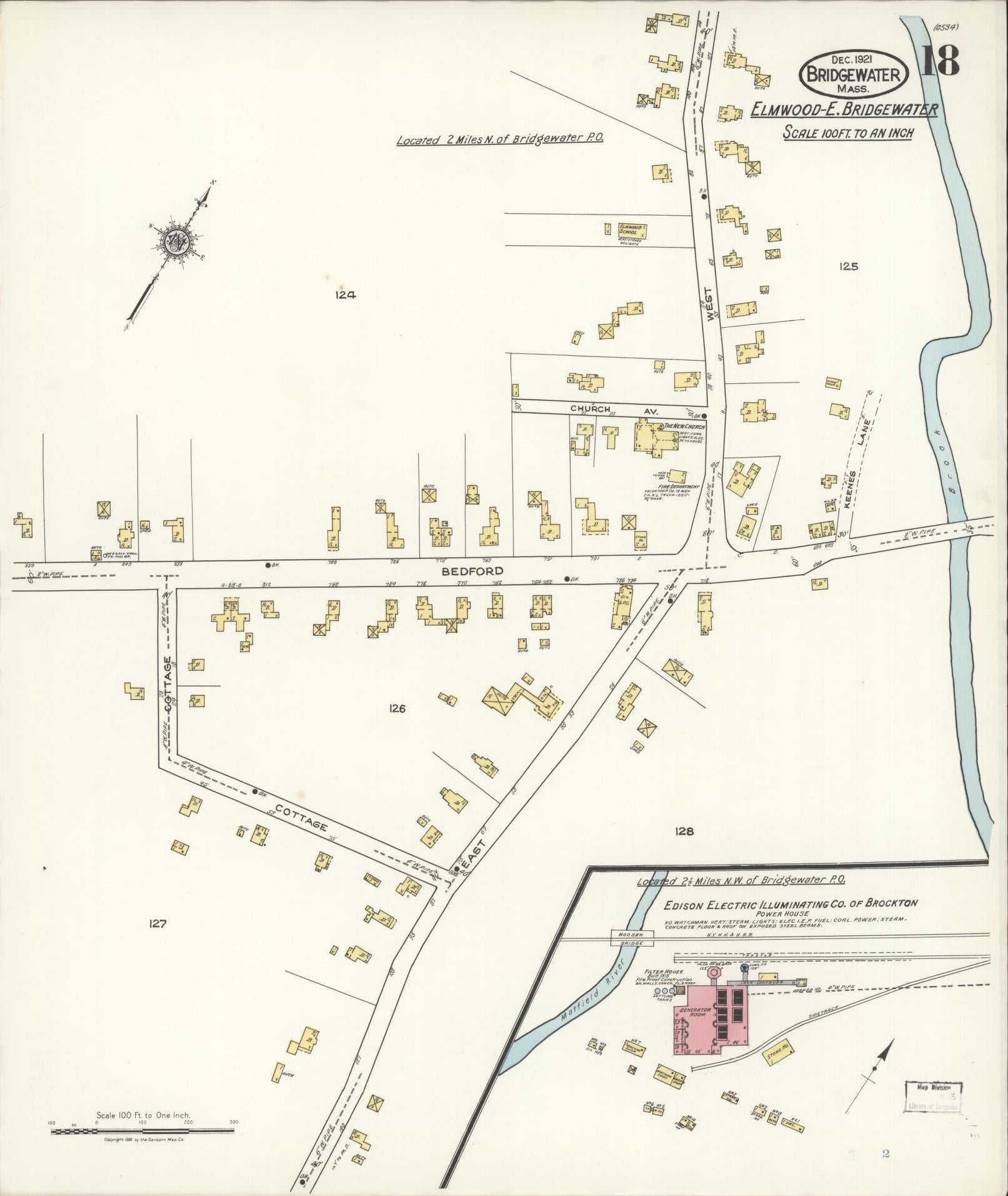 Sanborn Fire Insurance Map from Bridgewater, Plymouth County, Massachusetts (1921), Sheet #0018 - Historic Sanborn Fire Insurance Map Print, vintage old map wall art, antique decor, genealogy gift, Massachusetts Massachusetts map