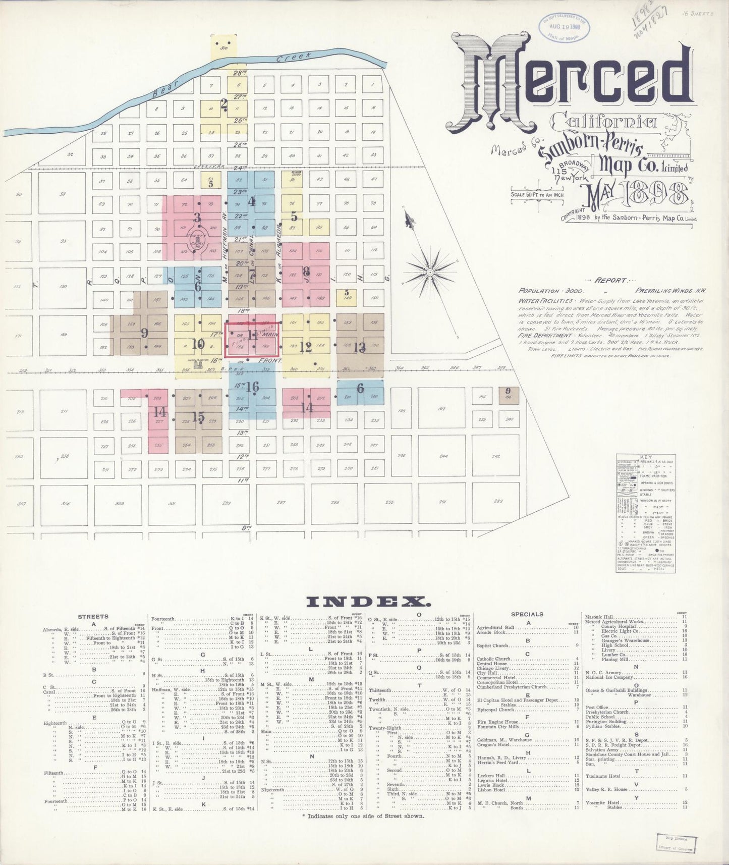Sanborn Fire Insurance Map from Merced, Merced County, California (1898), Sheet #0001 - Historic Sanborn Fire Insurance Map Print, vintage old map wall art, antique decor, genealogy gift, California California map