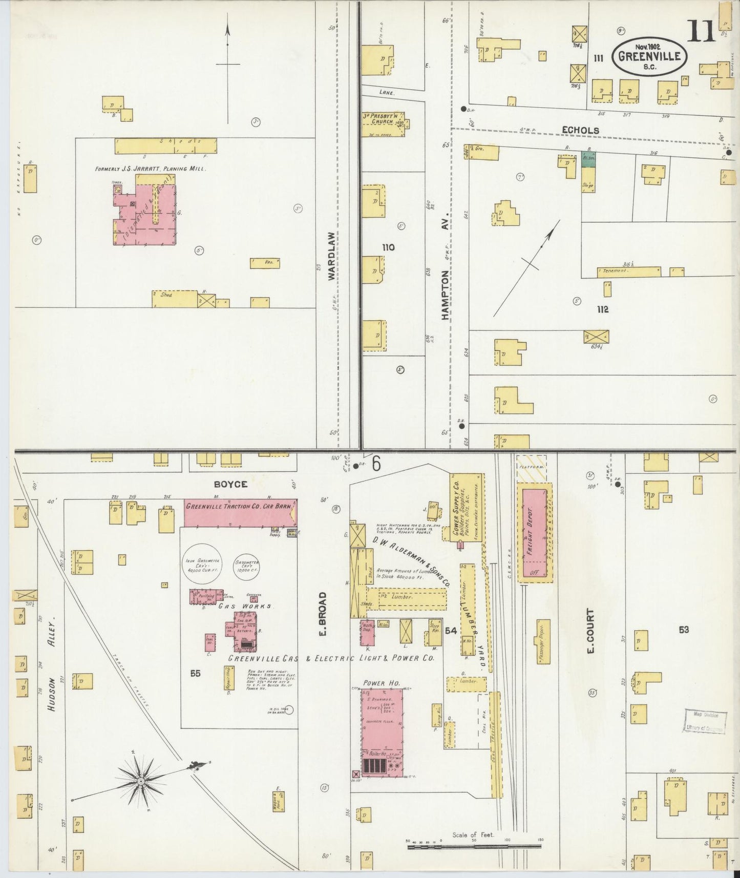 Sanborn Fire Insurance Map from Greenville, Greenville County, South Carolina (1902), Sheet #0011 - Complete Map Set gallery image, historic Sanborn map, vintage wall art, South Carolina South Carolina