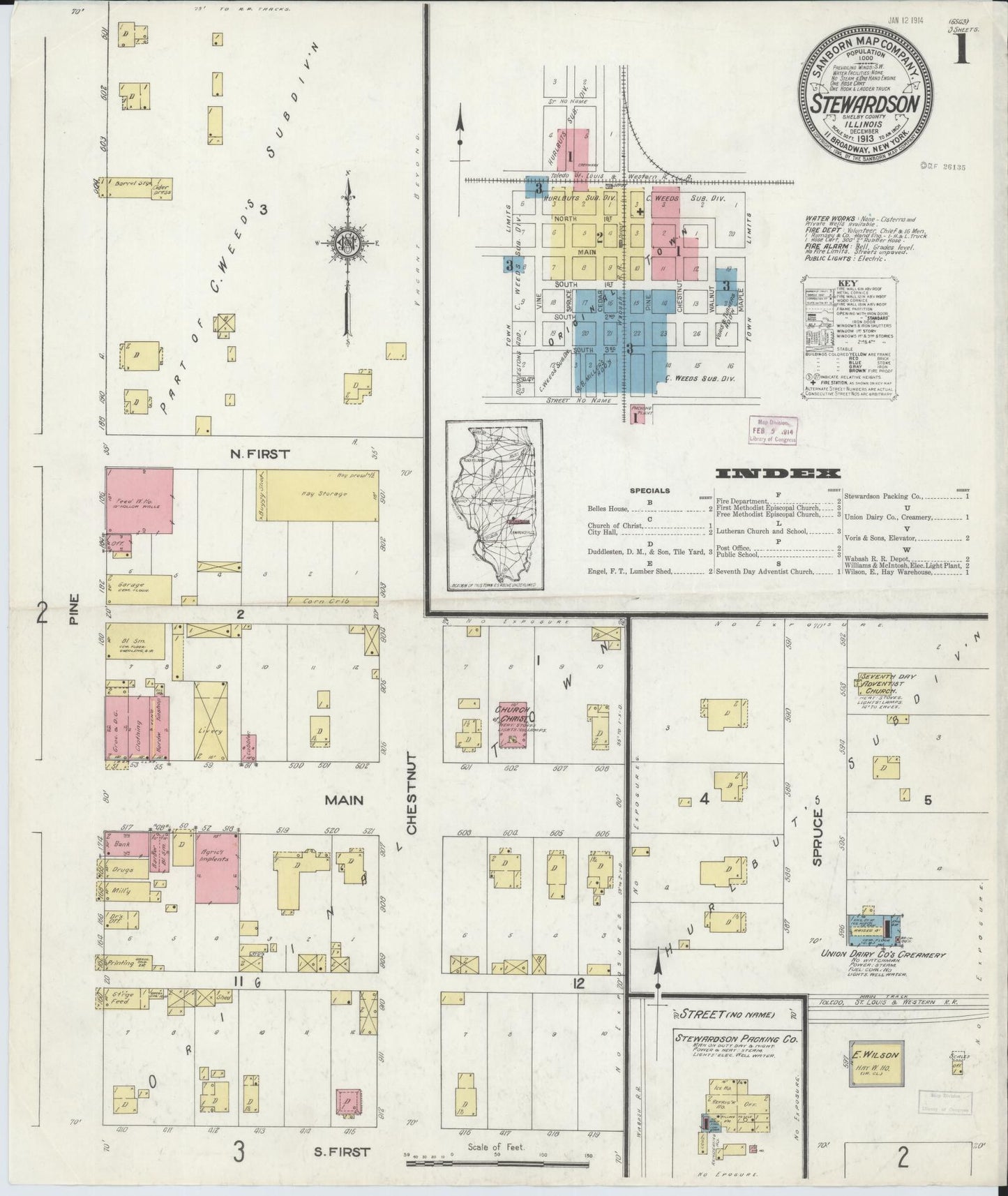 Sanborn Fire Insurance Map from Stewardson, Shelby County, Illinois (1913), Sheet #0001 - Historic Sanborn Fire Insurance Map Print, vintage old map wall art, antique decor, genealogy gift, Illinois Illinois map