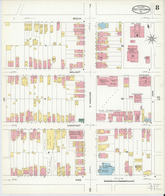Sanborn Fire Insurance Map from Pottstown, Montgomery County, Pennsylvania (1909), Sheet #0008 - Historic Sanborn Fire Insurance Map Print, vintage old map wall art, antique decor, genealogy gift, Pennsylvania Pennsylvania map