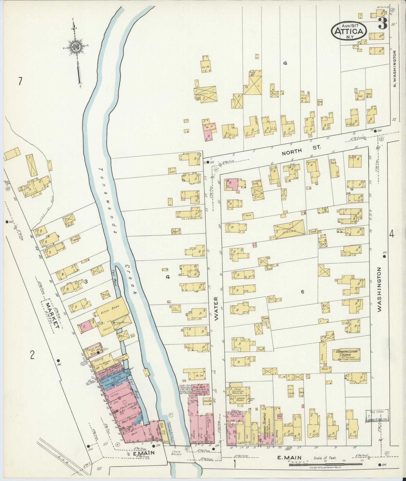 Sanborn Fire Insurance Map from Attica, Wyoming County, New York (1917), Sheet #0003 - Complete Map Set gallery image, historic Sanborn map, vintage wall art, Attica Wyoming