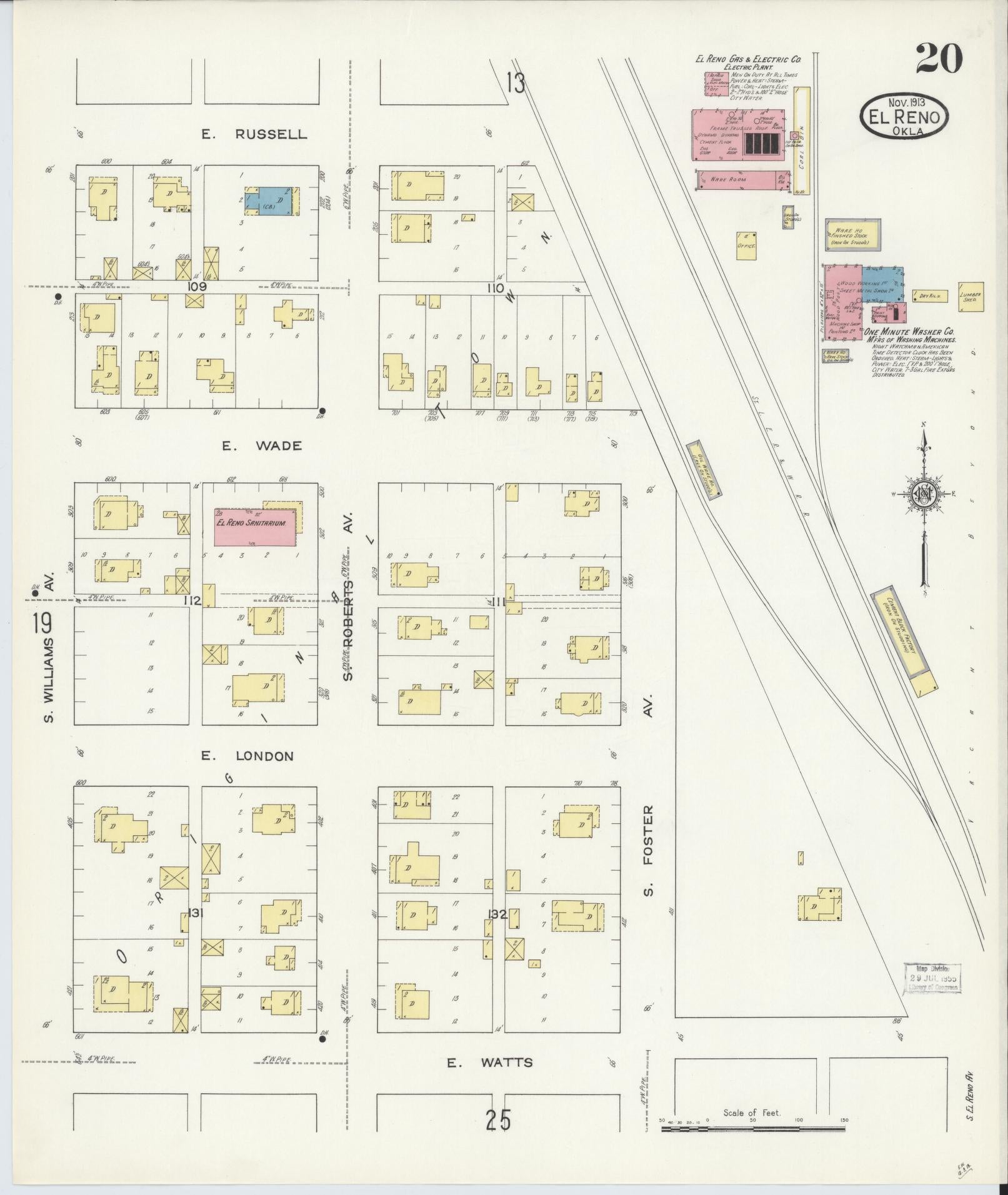 Sanborn Fire Insurance Map from El Reno, Canadian County, Oklahoma (1913), Sheet #0020 - Historic Sanborn Fire Insurance Map Print, vintage old map wall art, antique decor, genealogy gift, Oklahoma Oklahoma map
