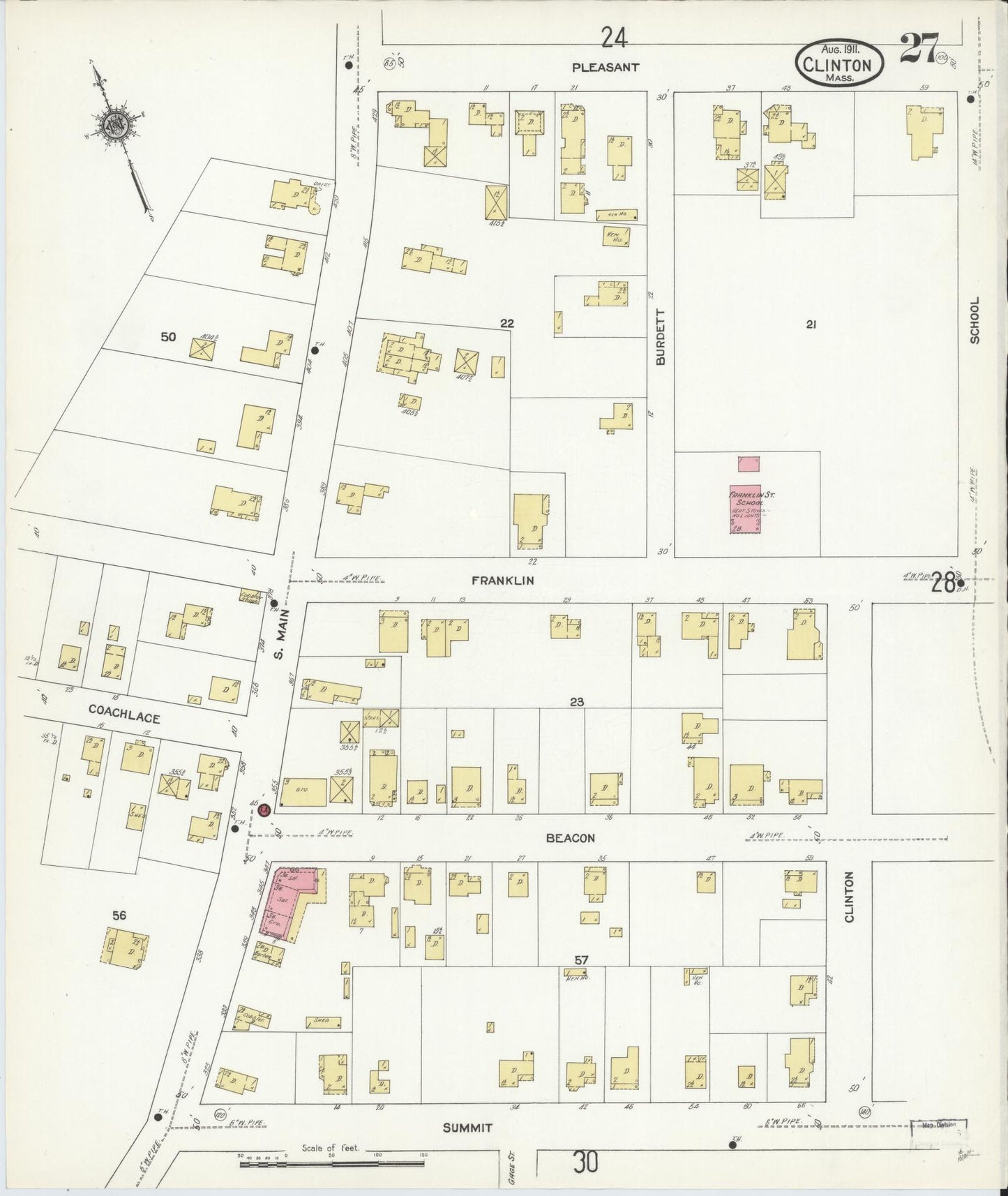 Sanborn Fire Insurance Map from Clinton, Worcester County, Massachusetts (1911), Sheet #0027 - Historic Sanborn Fire Insurance Map Print, vintage old map wall art, antique decor, genealogy gift, Massachusetts Massachusetts map