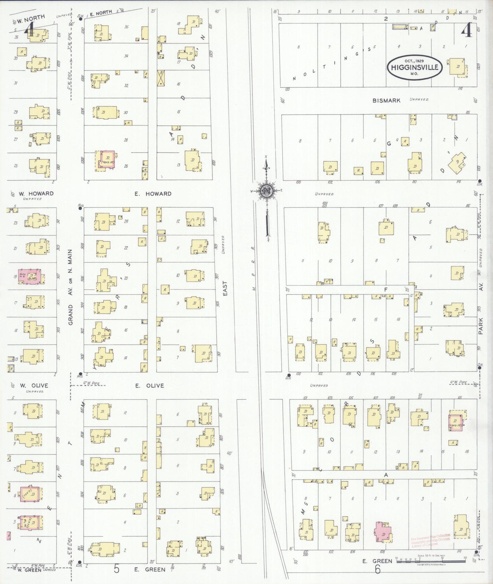 Sanborn Fire Insurance Map from Higginsville, Lafayette County, Missouri (1929), Sheet #0004 - Historic Sanborn Fire Insurance Map Print, vintage old map wall art, antique decor, genealogy gift, Missouri Missouri map