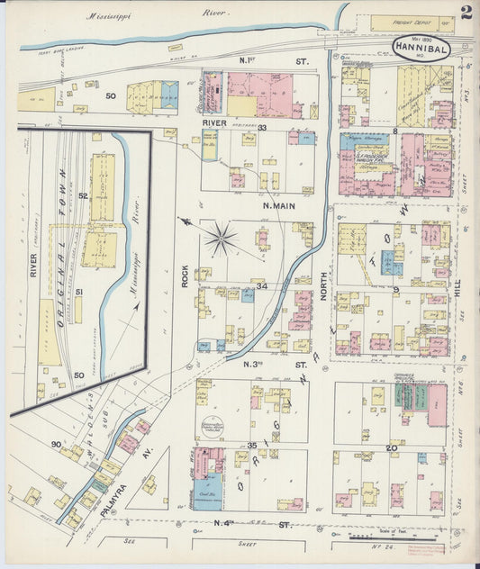 Sanborn Fire Insurance Map from Hannibal, Marion County, Missouri (1890), Sheet #0002 - Historic Sanborn Fire Insurance Map Print, vintage old map wall art, antique decor, genealogy gift, Missouri Missouri map