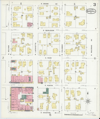 Sanborn Fire Insurance Map from Marshall, Harrison County, Texas (1909), Sheet #0003 - Complete Map Set gallery image, historic Sanborn map, vintage wall art, Texas Texas