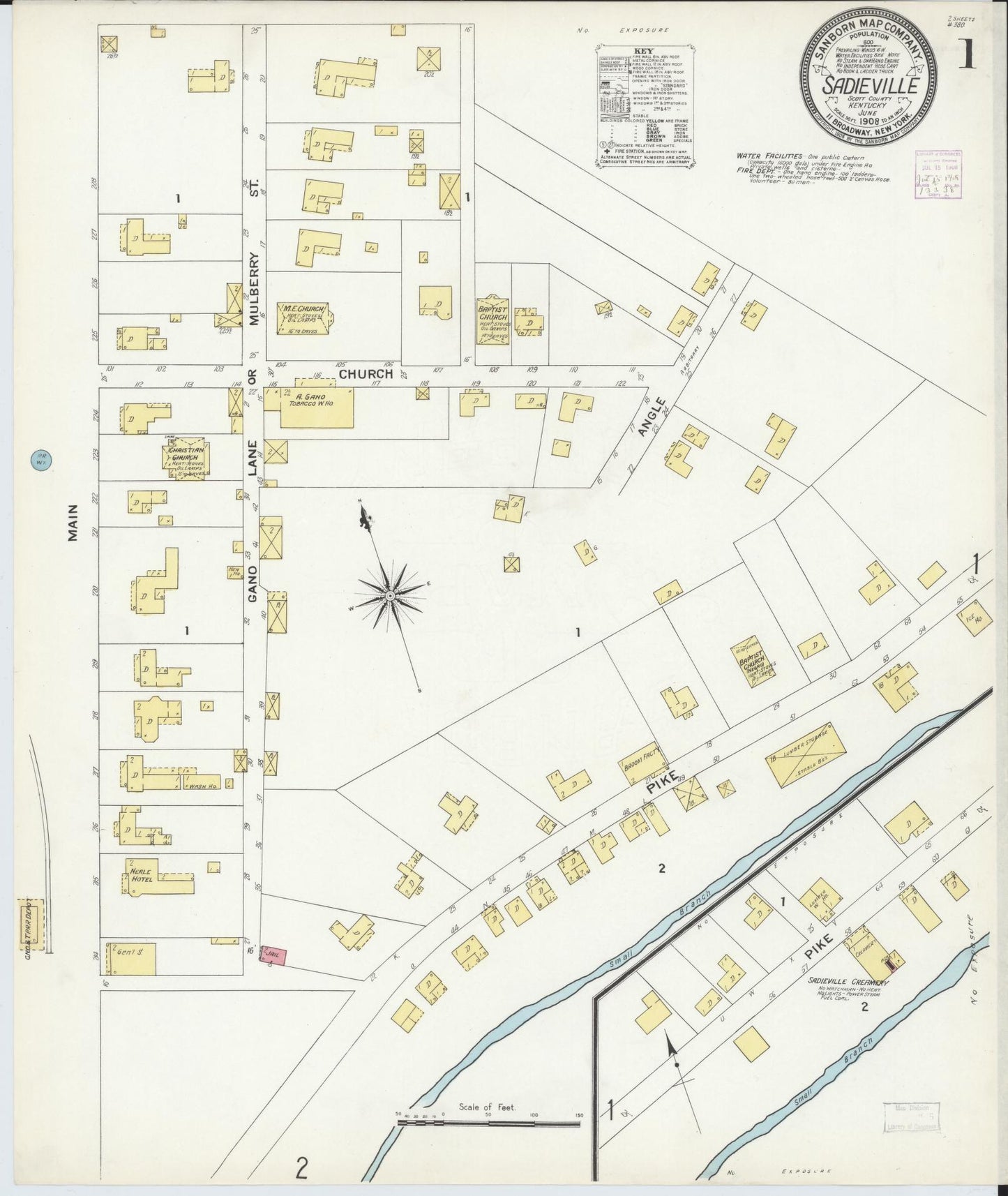 Sanborn Fire Insurance Map from Sadieville, Scott County, Kentucky (1908), Sheet #0001 - Complete Map Set gallery image, historic Sanborn map, vintage wall art, Kentucky Kentucky
