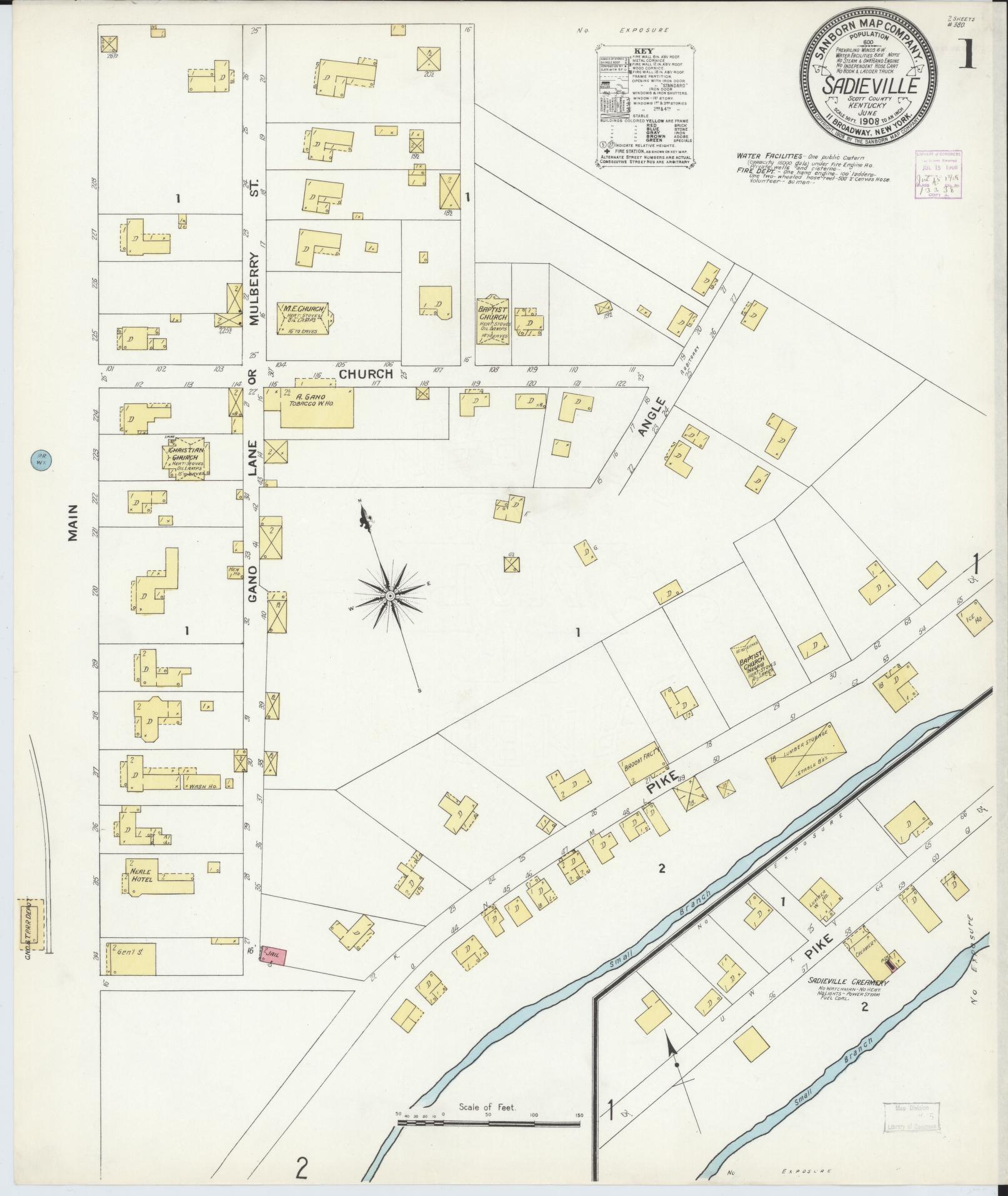 Sanborn Fire Insurance Map from Sadieville, Scott County, Kentucky (1908), Sheet #0001 - Complete Map Set gallery image, historic Sanborn map, vintage wall art, Kentucky Kentucky