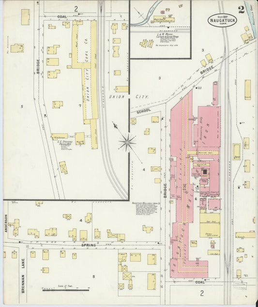Sanborn Fire Insurance Map from Naugatuck, New Haven County, Connecticut (1897), Sheet #0002 - Historic Sanborn Fire Insurance Map Print, vintage old map wall art, antique decor, genealogy gift, Connecticut Connecticut map