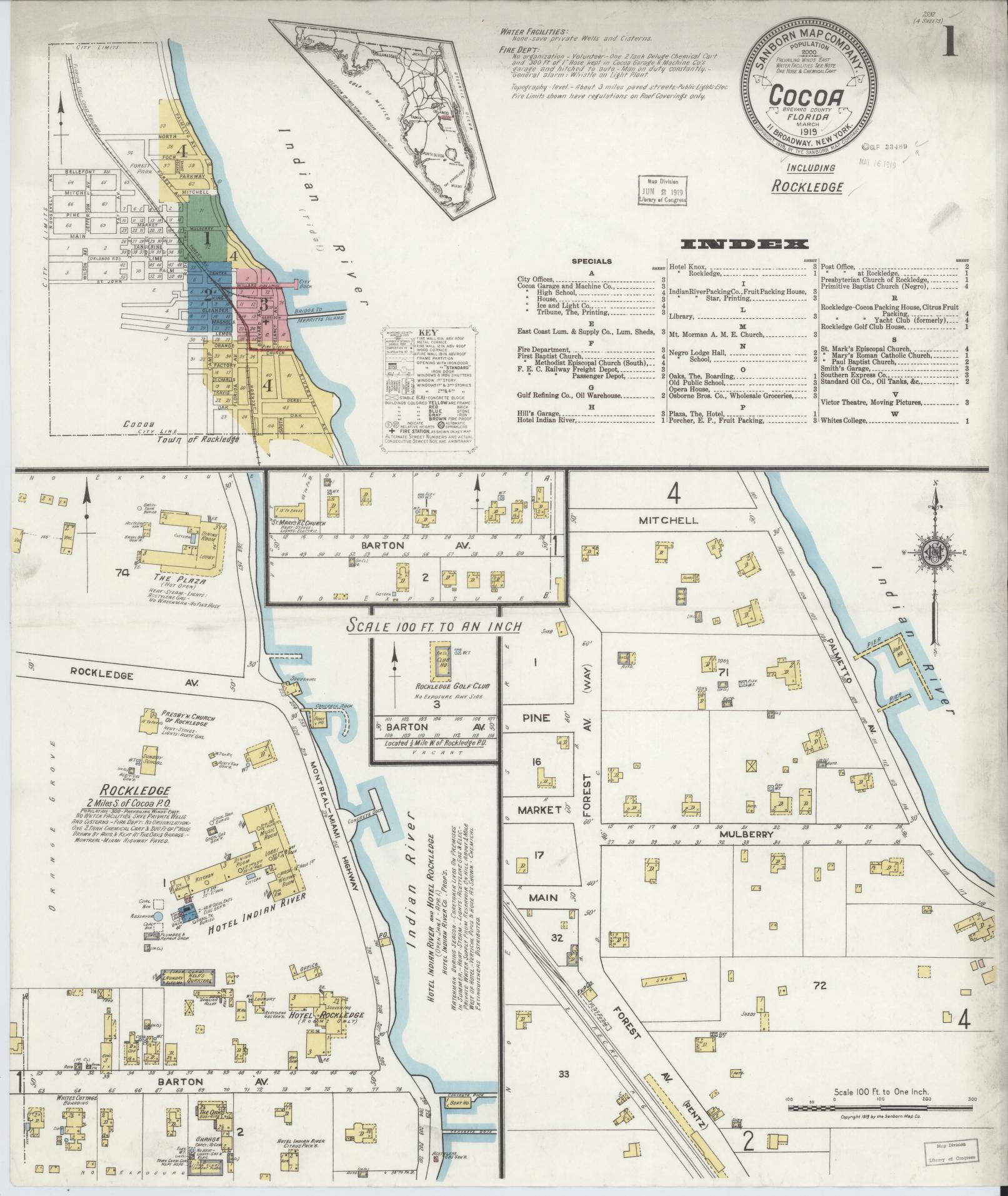 Sanborn Fire Insurance Map from Cocoa, Brevard County, Florida (1919), Sheet #0001 - Complete Map Set gallery image, historic Sanborn map, vintage wall art, Florida Florida