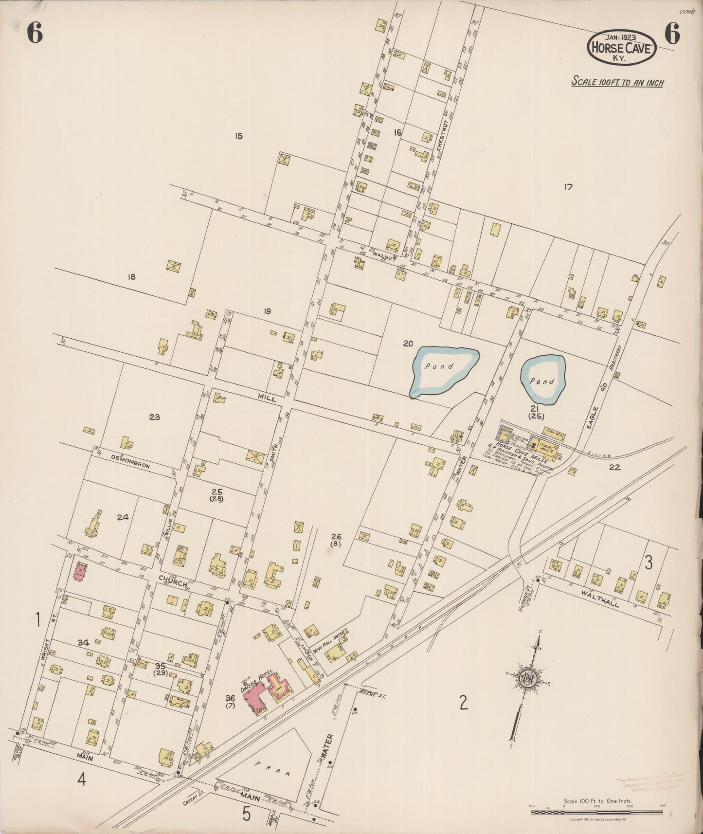 Sanborn Fire Insurance Map from Horse Cave, Hart County, Kentucky (1923), Sheet #0006 - Historic Sanborn Fire Insurance Map Print, vintage old map wall art, antique decor, genealogy gift, Kentucky Kentucky map