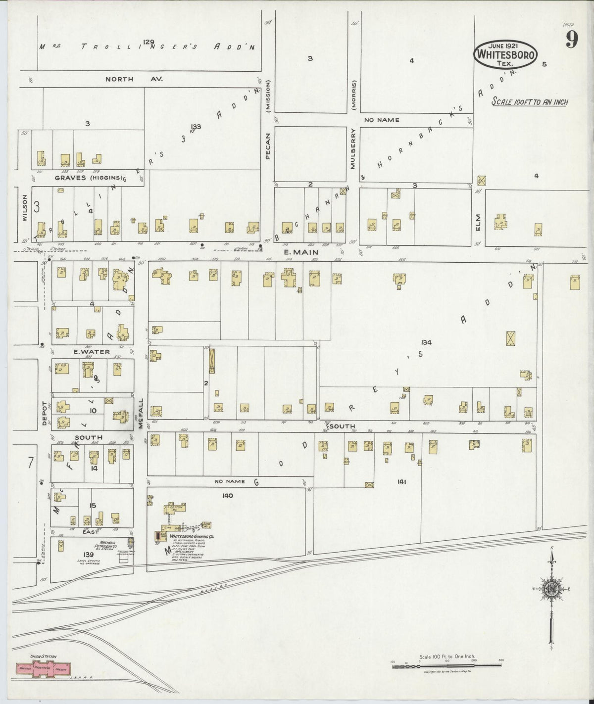 Sanborn Fire Insurance Map from Whitesboro, Grayson County, Texas (1921), Sheet #0009 - Complete Map Set gallery image, historic Sanborn map, vintage wall art, Texas Texas