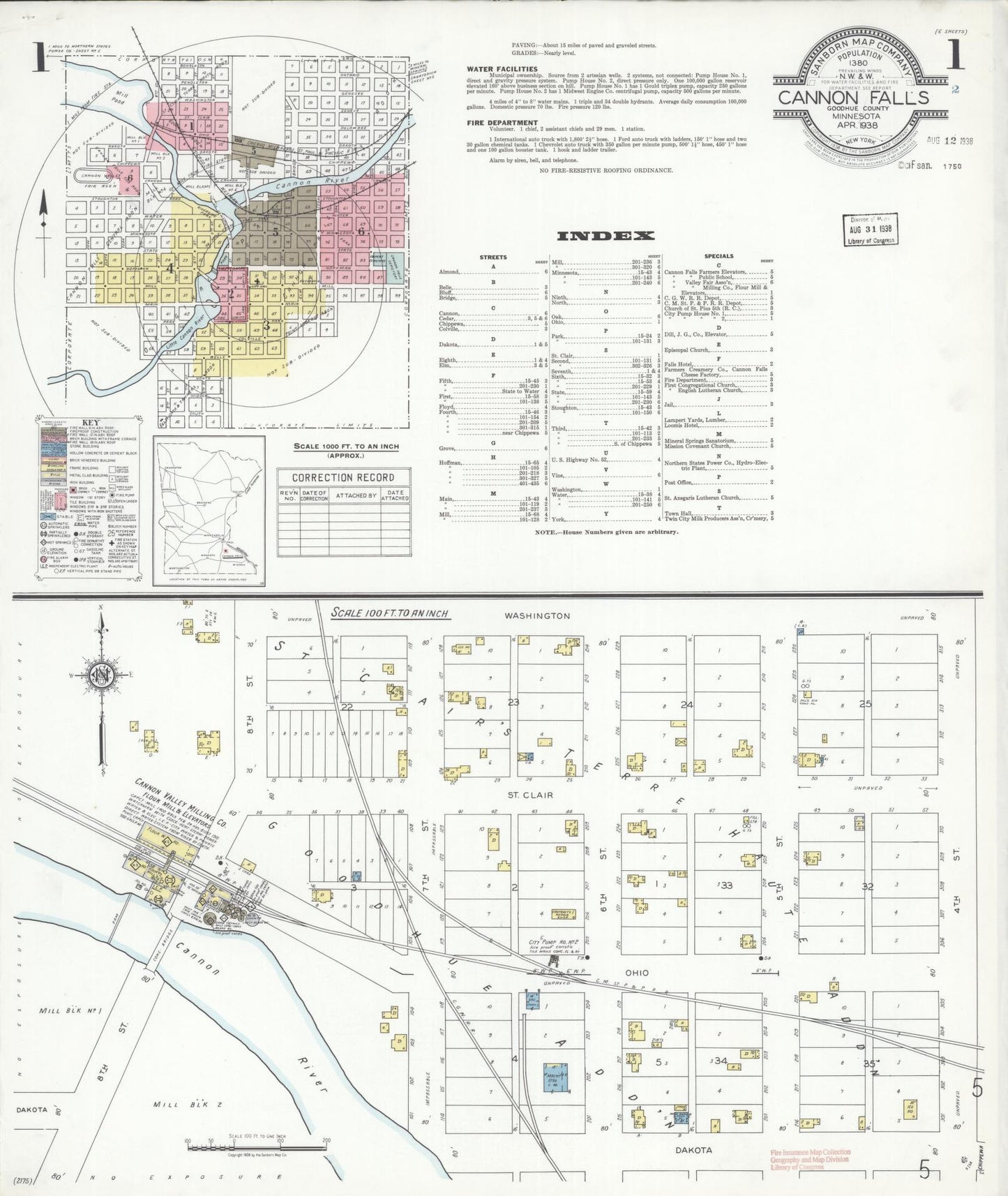 Sanborn Fire Insurance Map from Cannon Falls, Goodhue County, Minnesota (1938), Sheet #0001 - Complete Map Set gallery image, historic Sanborn map, vintage wall art, Minnesota Minnesota