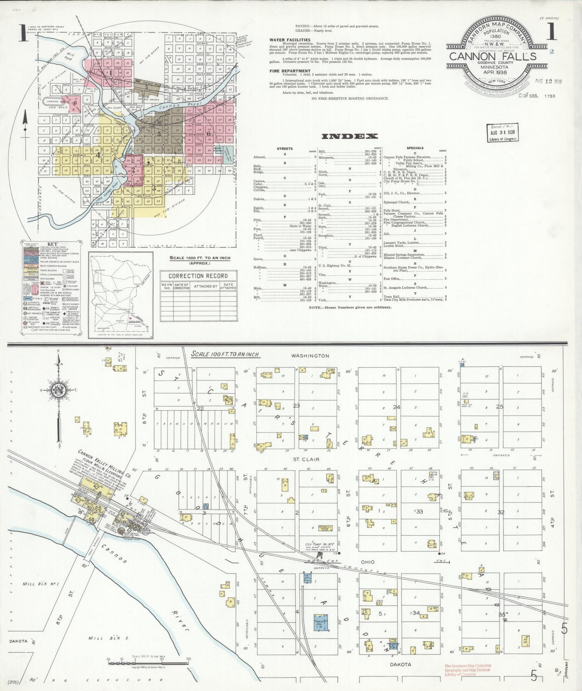 Sanborn Fire Insurance Map from Cannon Falls, Goodhue County, Minnesota (1938), Sheet #0001 - Complete Map Set gallery image, historic Sanborn map, vintage wall art, Minnesota Minnesota