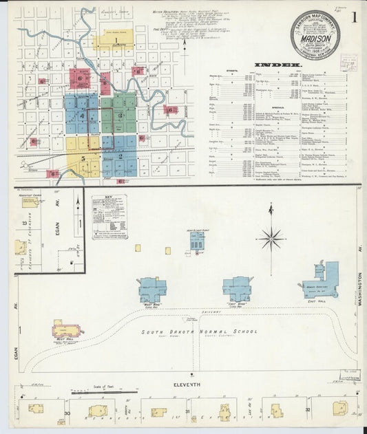 Sanborn Fire Insurance Map from Madison, Lake County, South Dakota (1908), Sheet #0001 - Complete Map Set gallery image, historic Sanborn map, vintage wall art, South Dakota South Dakota