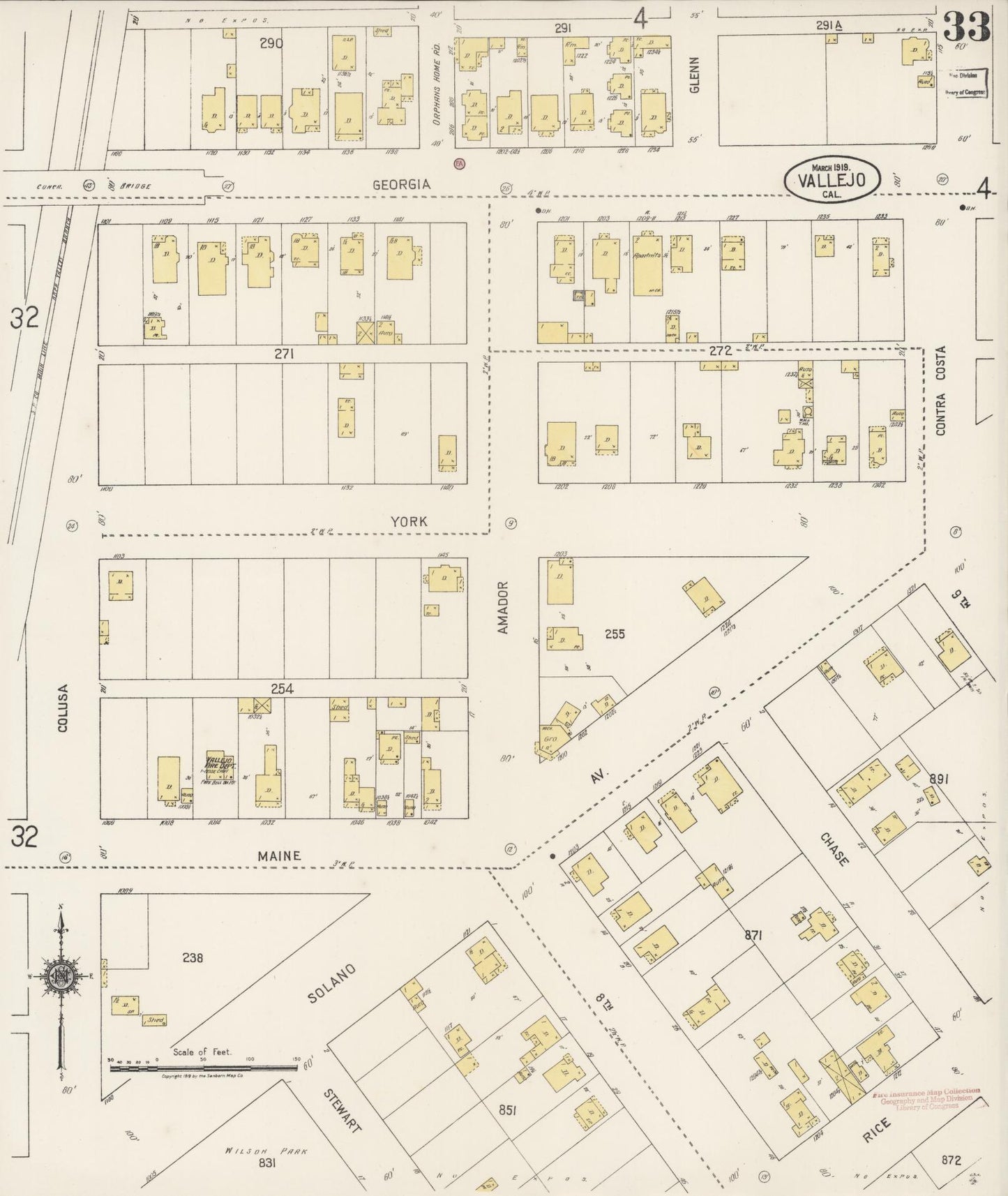 Sanborn Fire Insurance Map from Vallejo, Solano County, California (1919), Sheet #0033 - Complete Map Set gallery image, historic Sanborn map, vintage wall art, California California