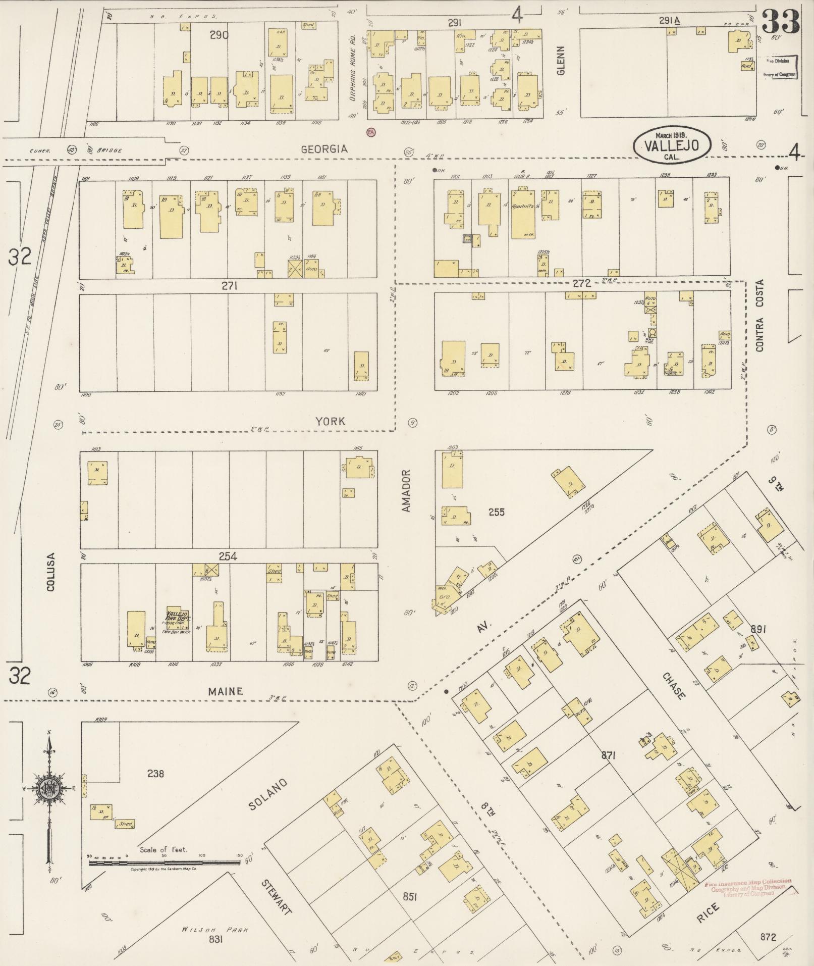 Sanborn Fire Insurance Map from Vallejo, Solano County, California (1919), Sheet #0033 - Complete Map Set gallery image, historic Sanborn map, vintage wall art, California California