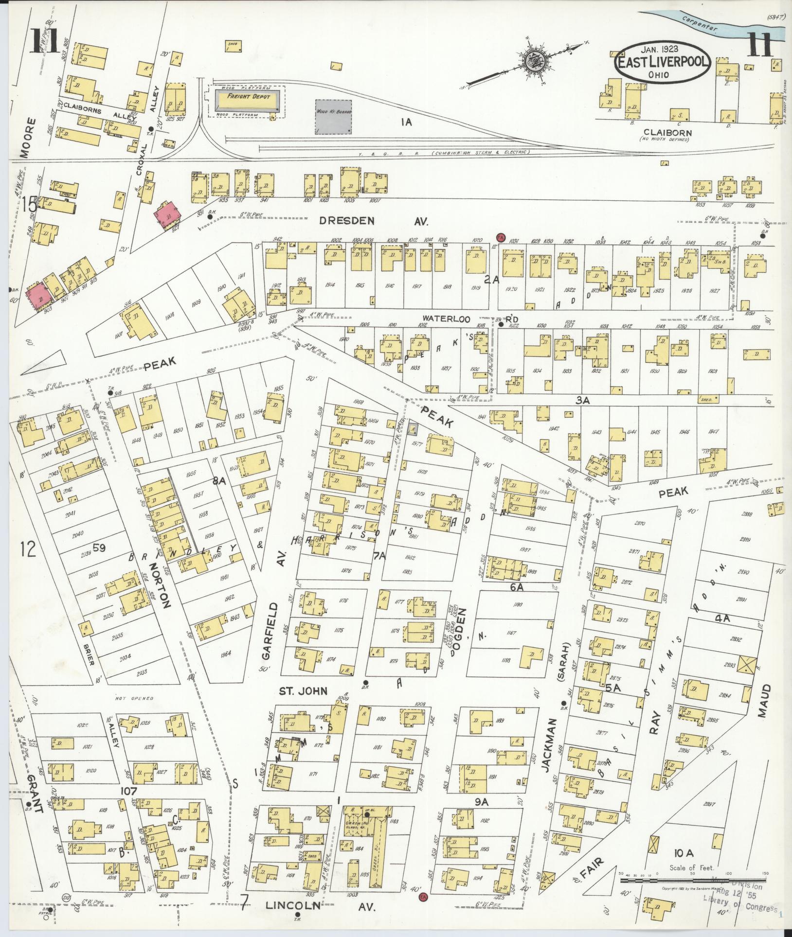 Sanborn Fire Insurance Map from East Liverpool, Columbiana County, Ohio (1923), Sheet #0011 - Historic Sanborn Fire Insurance Map Print, vintage old map wall art, antique decor, genealogy gift, Ohio Ohio map