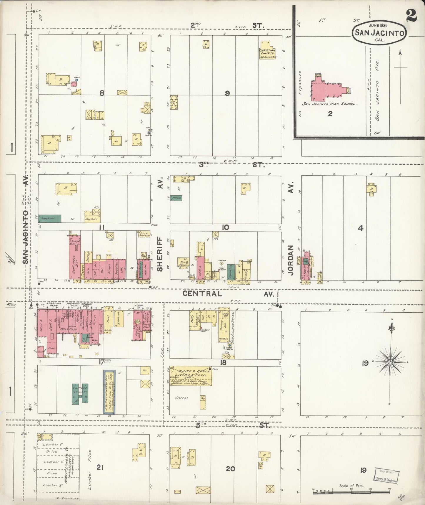 Sanborn Fire Insurance Map from San Jacinto, Riverside County, California (1896), Sheet #0002 - Complete Map Set gallery image, historic Sanborn map, vintage wall art, California California
